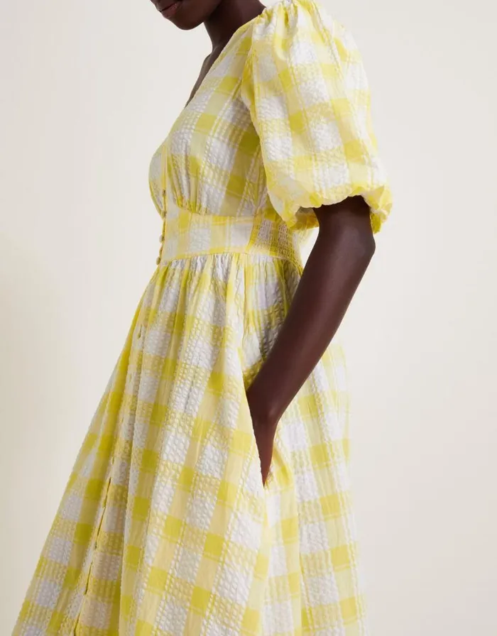 Monsoon Zola Gingham Short Sleeve Midi Dress Yellow Women Casualwear Monsoon Zola Gingham Short Sleeve Midi Dress Yellow Women Casualwear