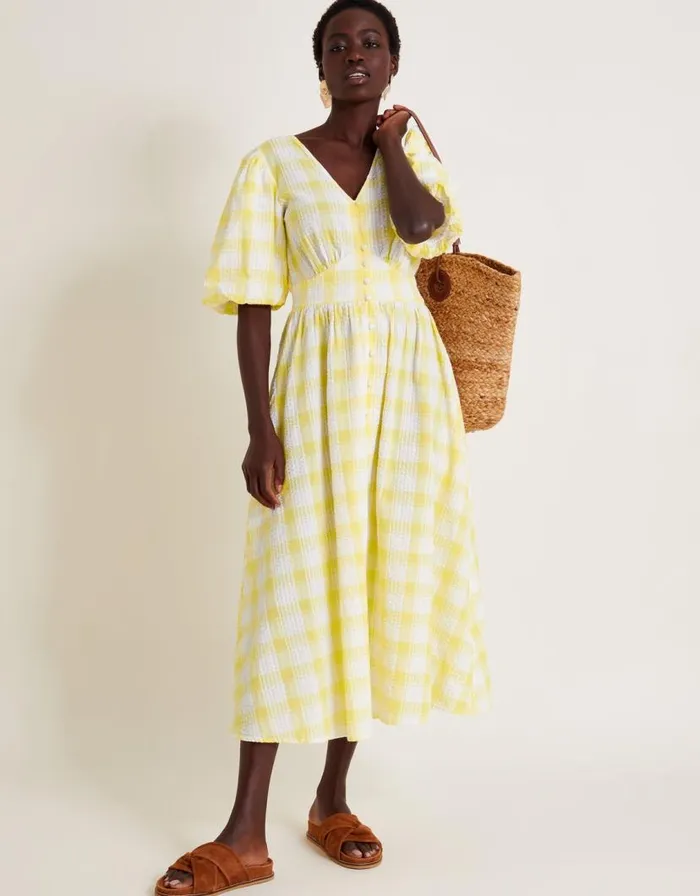Monsoon Zola Gingham Short Sleeve Midi Dress Yellow Women Casualwear Monsoon Zola Gingham Short Sleeve Midi Dress Yellow Women Casualwear