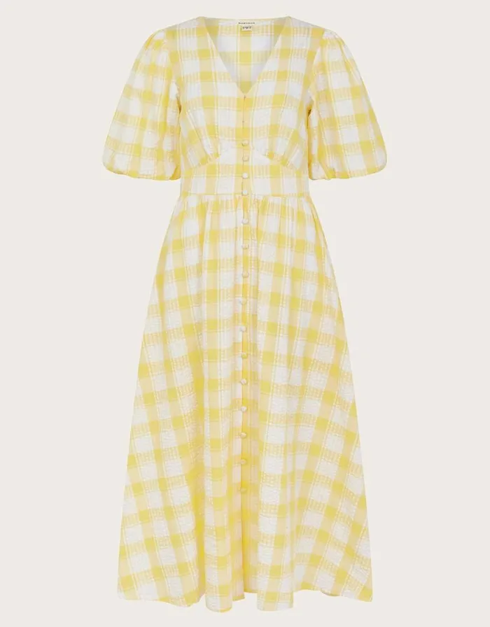 Monsoon Zola Gingham Short Sleeve Midi Dress Yellow Women Casualwear Monsoon Zola Gingham Short Sleeve Midi Dress Yellow Women Casualwear