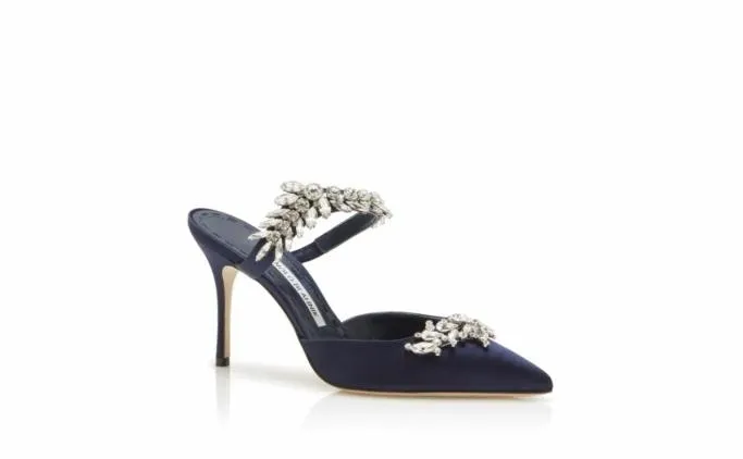 Mules Women Manolo Blahnik LURUMNavy Satin Crystal Embellished Mules Mules Women Manolo Blahnik LURUMNavy Satin Crystal Embellished Mules