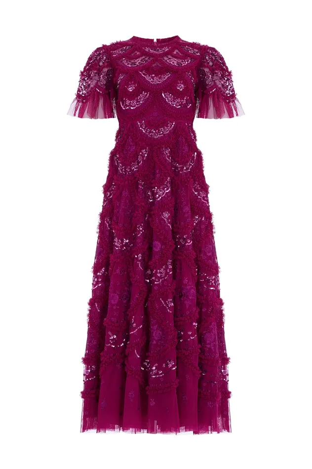 Needle and Thread Carmen Ruffle Ankle Gown Purple Women Embroidered Dresses