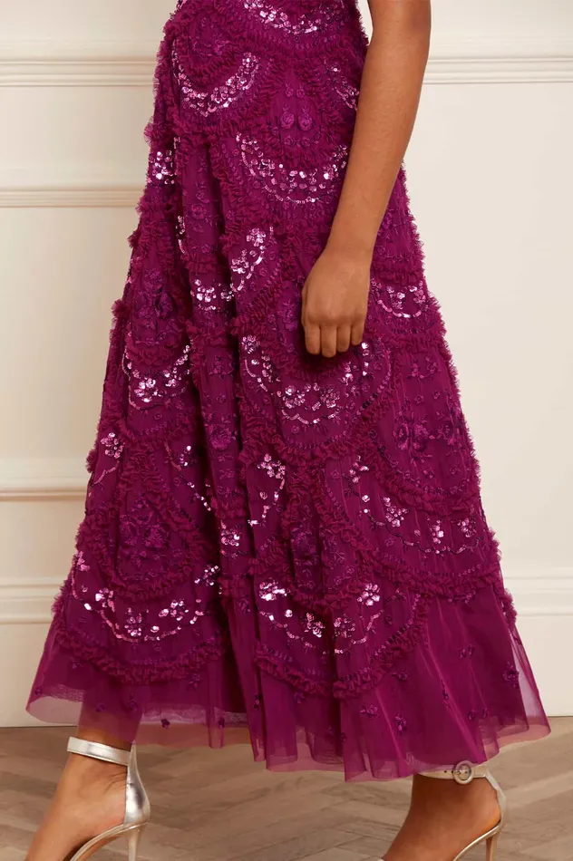 Needle and Thread Carmen Ruffle Ankle Gown Purple Women Embroidered Dresses