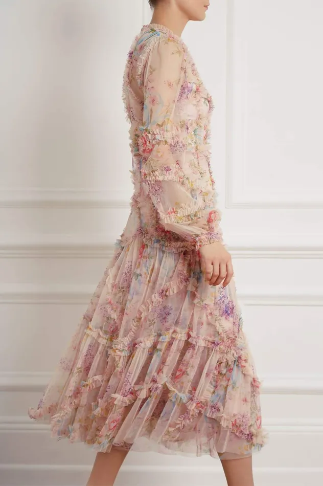 Needle and Thread Floral Diamond Ruffle Ballerina Dress Multi Women Printed Dresses