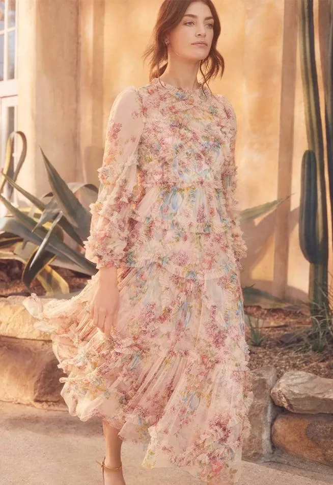 Needle and Thread Floral Diamond Ruffle Ballerina Dress Multi Women Printed Dresses