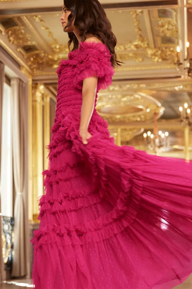 Needle and Thread Lisette Ruffle Off Shoulder Gown Pink Women Evening Dresses