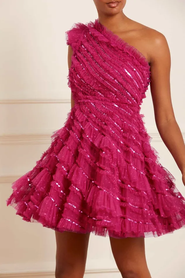 Needle and Thread Spiral Sequin OneShoulder Micro Mini Dress Pink Women Embellished Dresses