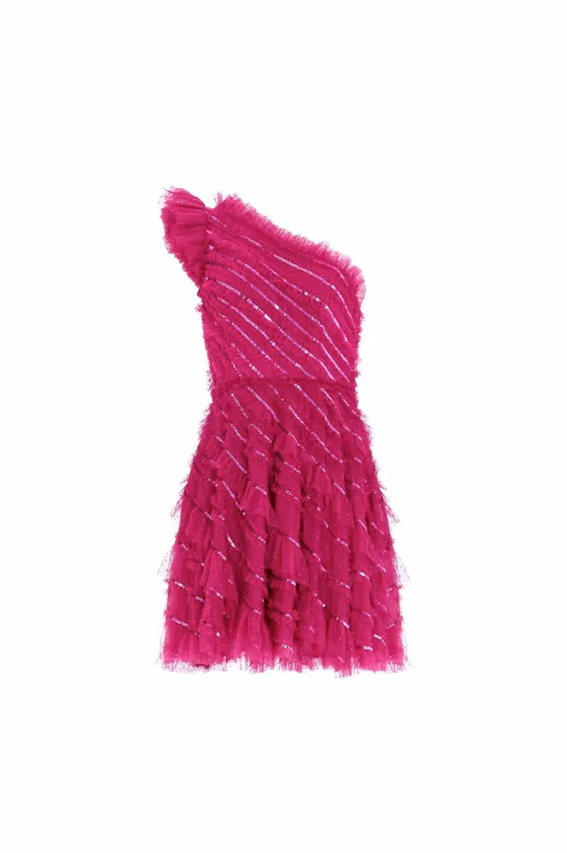Needle and Thread Spiral Sequin OneShoulder Micro Mini Dress Pink Women Embellished Dresses