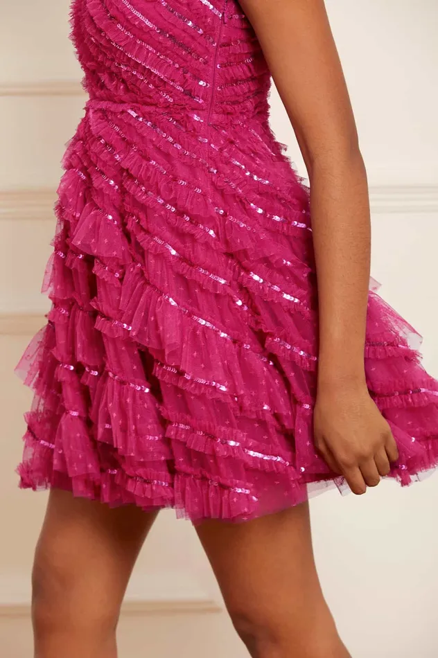 Needle and Thread Spiral Sequin OneShoulder Micro Mini Dress Pink Women Embellished Dresses