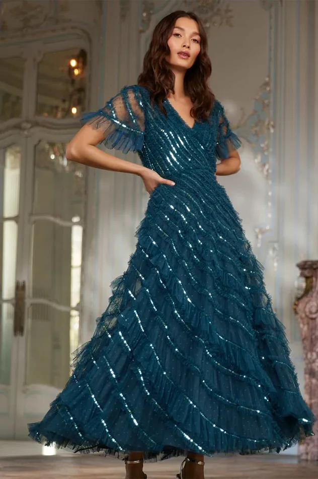 Needle and Thread Spiral Sequin VNeck Ankle Gown Blue Women Embellished Dresses Needle and Thread Spiral Sequin VNeck Ankle Gown Blue Women Embellished Dresses