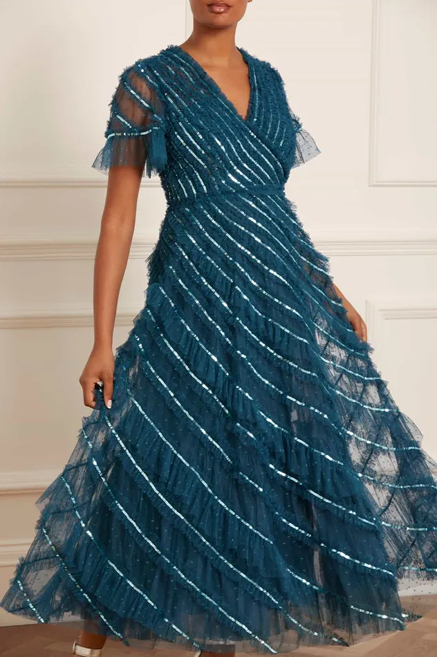 Needle and Thread Spiral Sequin VNeck Ankle Gown Blue Women Embellished Dresses