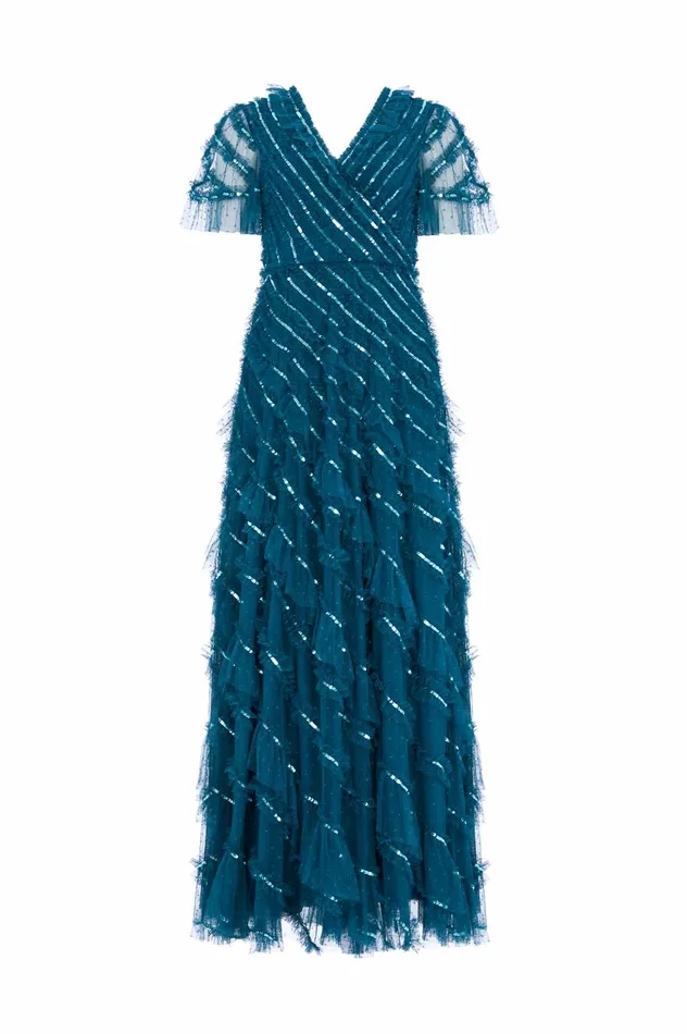 Needle and Thread Spiral Sequin VNeck Ankle Gown Blue Women Embellished Dresses