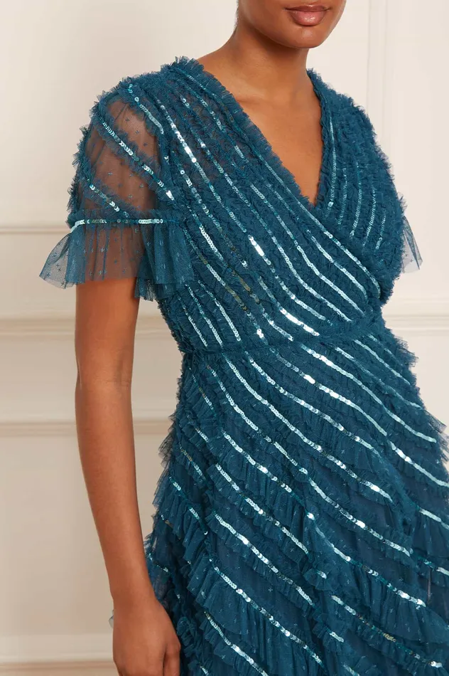 Needle and Thread Spiral Sequin VNeck Ankle Gown Blue Women Embellished Dresses