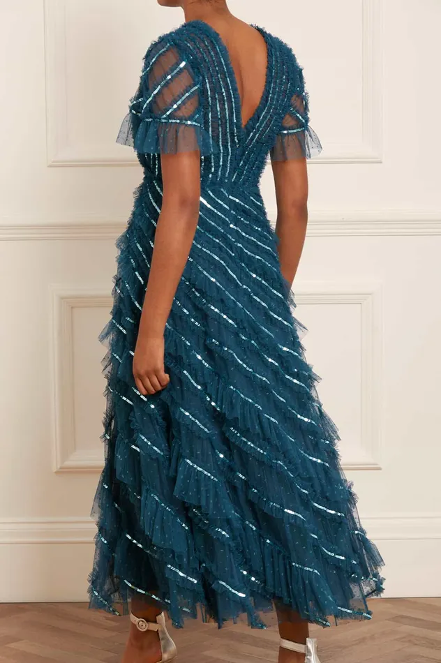 Needle and Thread Spiral Sequin VNeck Ankle Gown Blue Women Embellished Dresses