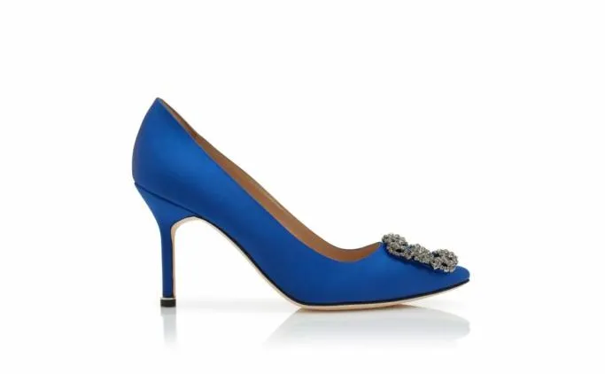 Pumps Women Manolo Blahnik HANGISI 90Blue Satin Jewel Buckle Pumps