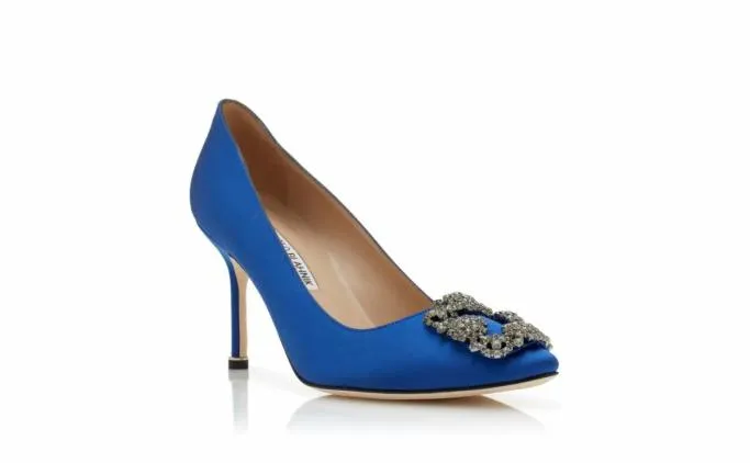 Pumps Women Manolo Blahnik HANGISI 90Blue Satin Jewel Buckle Pumps