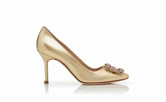Pumps Women Manolo Blahnik HANGISI 90Gold Nappa Leather Jewel Buckle Pumps