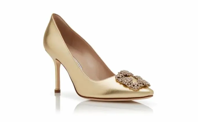 Pumps Women Manolo Blahnik HANGISI 90Gold Nappa Leather Jewel Buckle Pumps