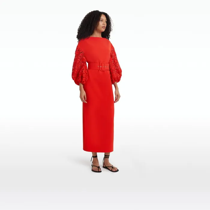 Safiyaa Amiee Lacquer Red Midi Dress With Belt Women Dresses
