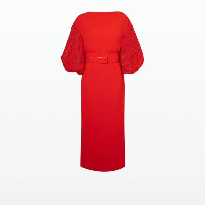 Safiyaa Amiee Lacquer Red Midi Dress With Belt Women Dresses