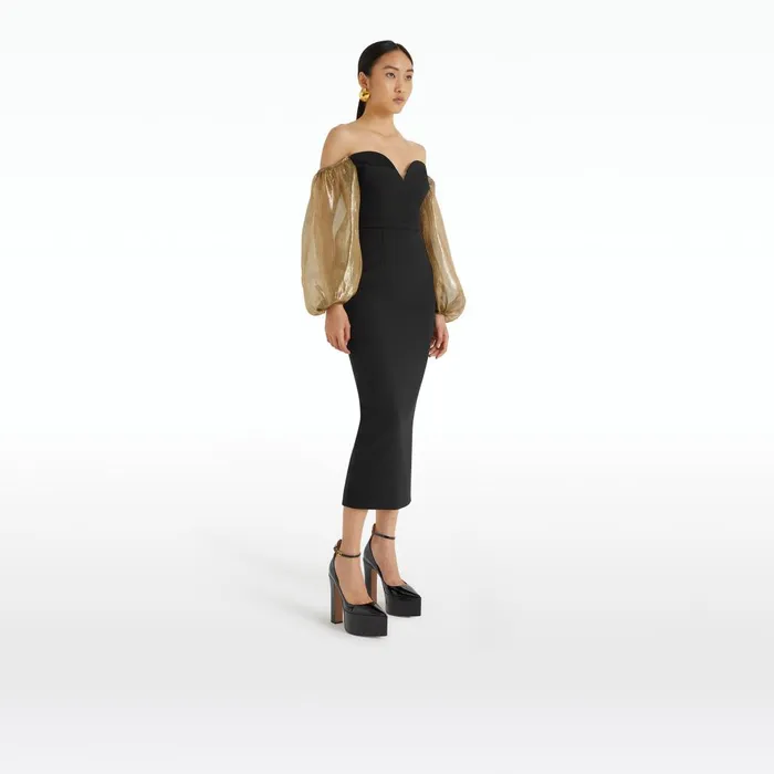 Safiyaa Aurelius Black and Gold Midi Dress Women Dresses