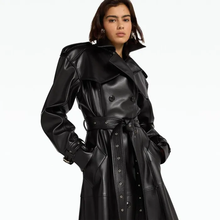 Safiyaa Emy Black Vegan Leather Coat Women Jackets and Coats