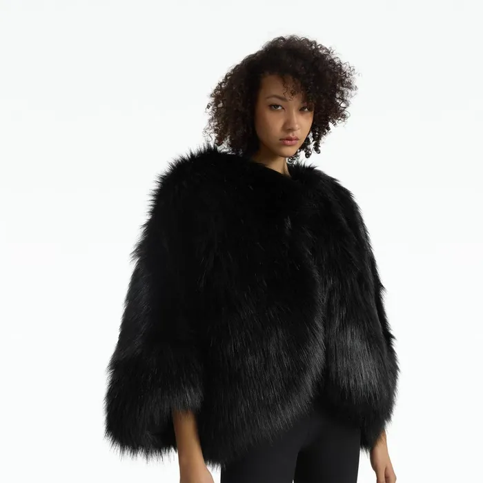 Safiyaa Ezra Black Faux Fur Jacket Women Jackets and Coats