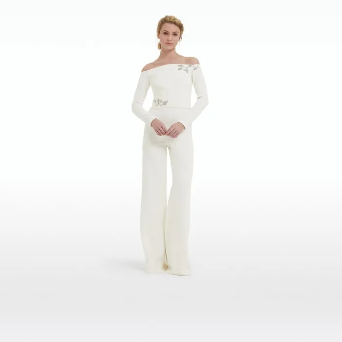 Safiyaa Veasna Ivory and Flower Bud Embroidery Jumpsuit Women Jumpsuits