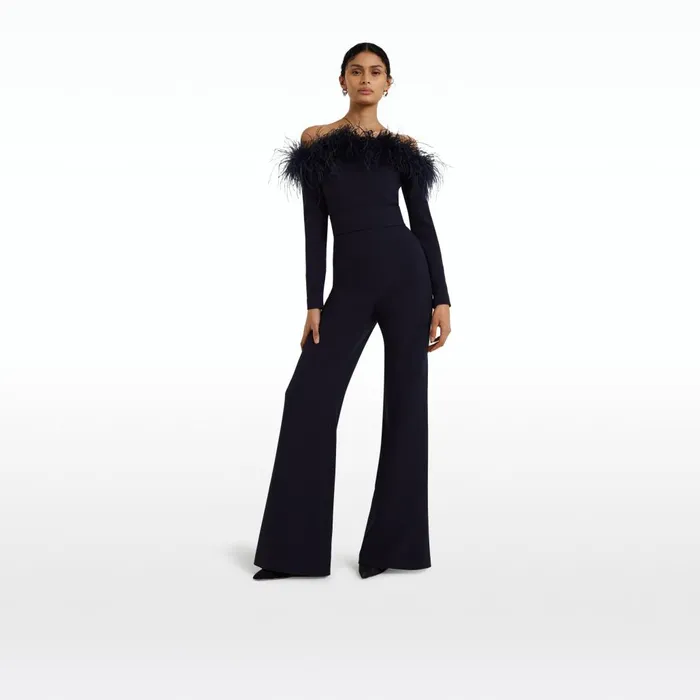 Safiyaa Veasna Midnight Navy FeatherTrimmed Jumpsuit Women Jumpsuits