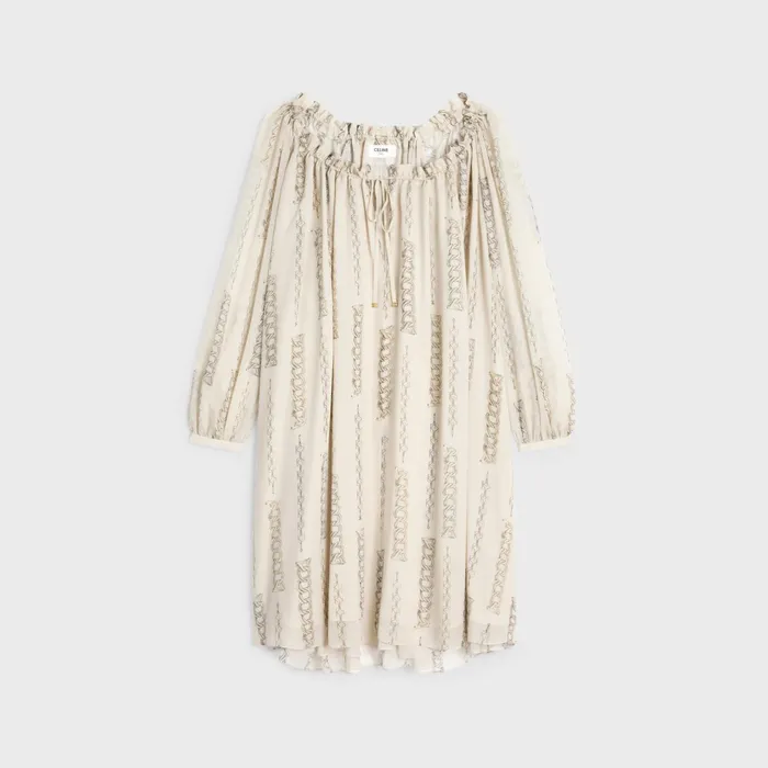 Short Folk Dress In Silk Georgette Greigeargent Women CELINE DRESSES AND SKIRTS Short Folk Dress In Silk Georgette Greigeargent Women CELINE DRESSES AND SKIRTS