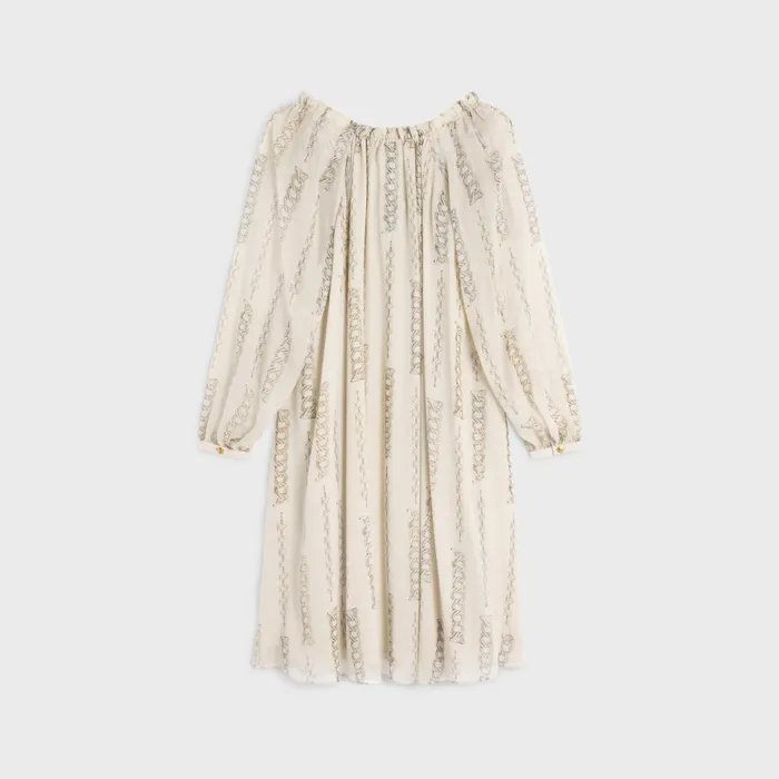 Short Folk Dress In Silk Georgette Greigeargent Women CELINE DRESSES AND SKIRTS