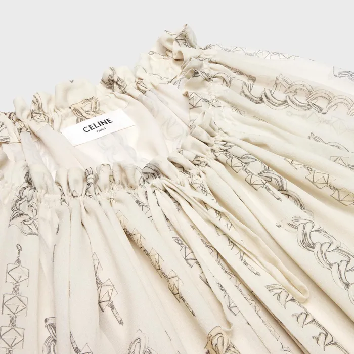 Short Folk Dress In Silk Georgette Greigeargent Women CELINE DRESSES AND SKIRTS