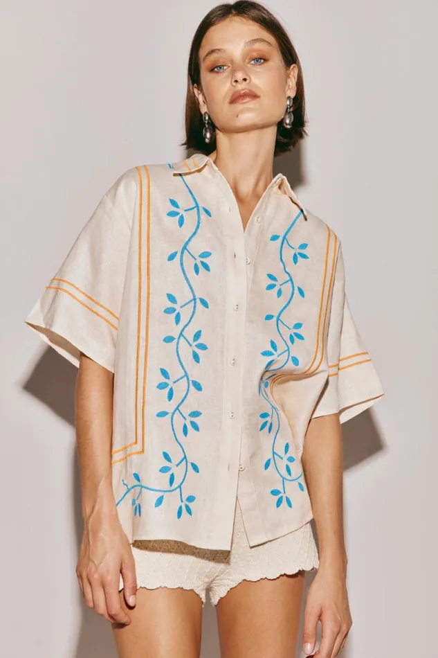Short Sleeve Women VRG GRL Sunsets In Capri Linen Shirt Natural