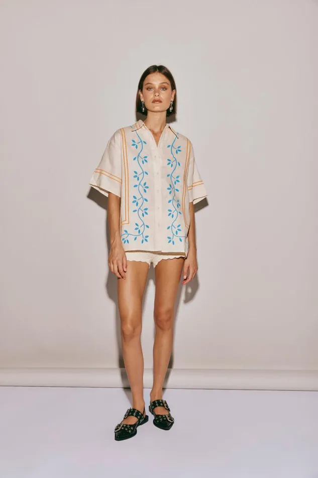 Short Sleeve Women VRG GRL Sunsets In Capri Linen Shirt Natural