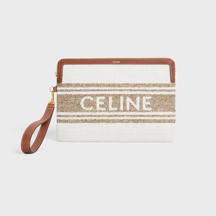 Small Pouch With Strap In Striped Textile With Celine Jacquard Tobacco Tan Women CELINE TECH AND SMALL ACCESSORIES Small Pouch With Strap In Striped Textile With Celine Jacquard Tobacco Tan Women CELINE TECH AND SMALL ACCESSORIES