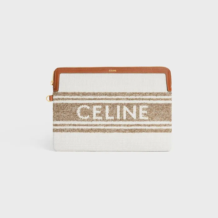 Small Pouch With Strap In Striped Textile With Celine Jacquard Tobacco Tan Women CELINE TECH AND SMALL ACCESSORIES Small Pouch With Strap In Striped Textile With Celine Jacquard Tobacco Tan Women CELINE TECH AND SMALL ACCESSORIES