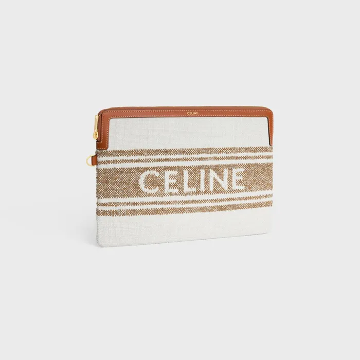Small Pouch With Strap In Striped Textile With Celine Jacquard Tobacco Tan Women CELINE TECH AND SMALL ACCESSORIES Small Pouch With Strap In Striped Textile With Celine Jacquard Tobacco Tan Women CELINE TECH AND SMALL ACCESSORIES