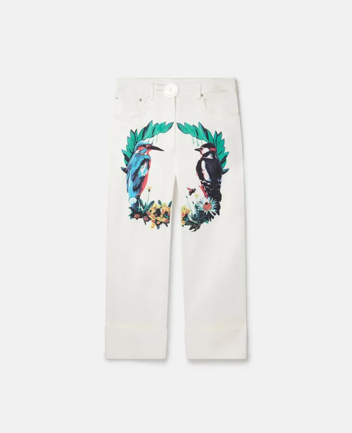 Stella McCartney Bird Crest Print Satin Tailored Trousers White Women Trousers And Shorts Stella McCartney Bird Crest Print Satin Tailored Trousers White Women Trousers And Shorts
