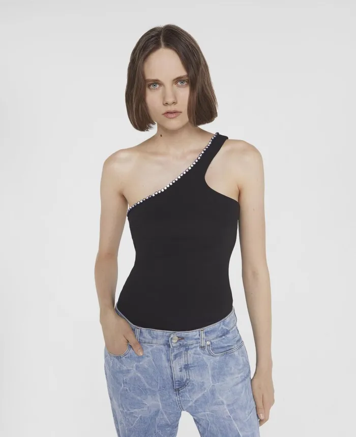 Stella McCartney Crystal Frame OneShoulder Top Black Women Shirts And Tops