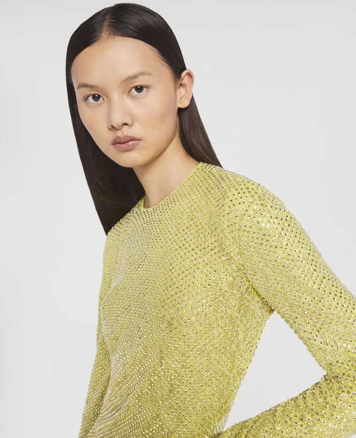 Stella McCartney Crystal Lace LongSleeved Mini Dress Lime Green Women Dresses Stella McCartney Crystal Lace LongSleeved Mini Dress Lime Green Women Dresses