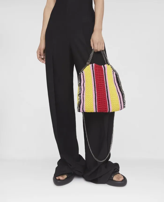 Stella McCartney Falabella Striped Cotton Crochet Mini Tote Bag Yellowred Women Mini Bags And Clutches Stella McCartney Falabella Striped Cotton Crochet Mini Tote Bag Yellowred Women Mini Bags And Clutches