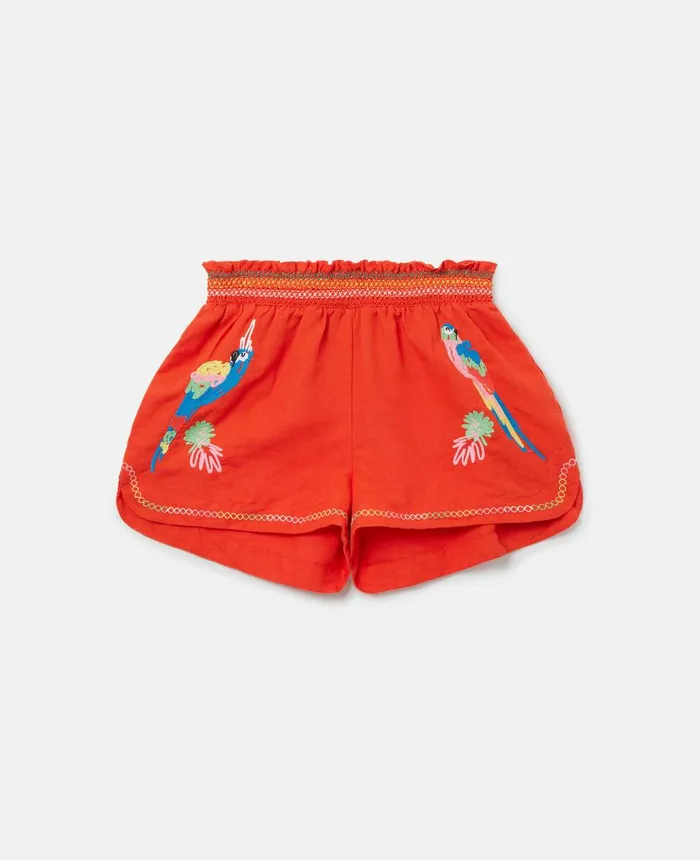 Stella McCartney Parrot Embroidery Linen Shorts Red Kids Pants and Shorts