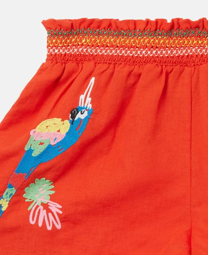 Stella McCartney Parrot Embroidery Linen Shorts Red Kids Pants and Shorts
