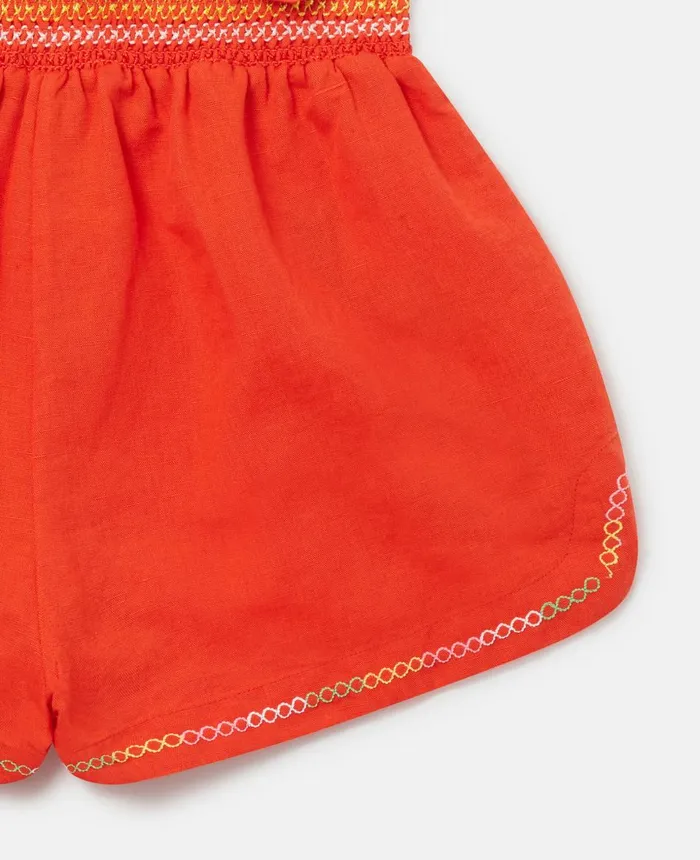 Stella McCartney Parrot Embroidery Linen Shorts Red Kids Pants and Shorts