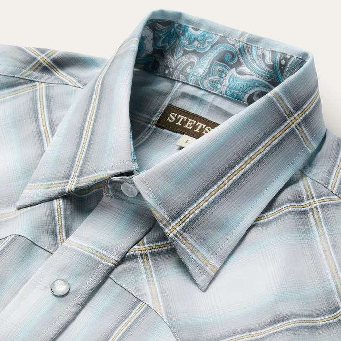 Western Shirts Men Stetson Grey Sky Ombre Plaid Western Shirt Grey