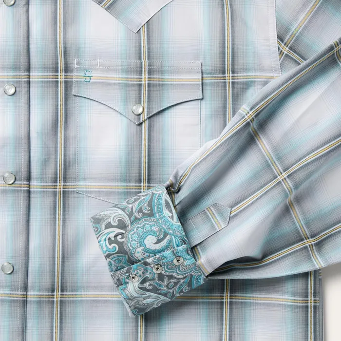 Western Shirts Men Stetson Grey Sky Ombre Plaid Western Shirt Grey