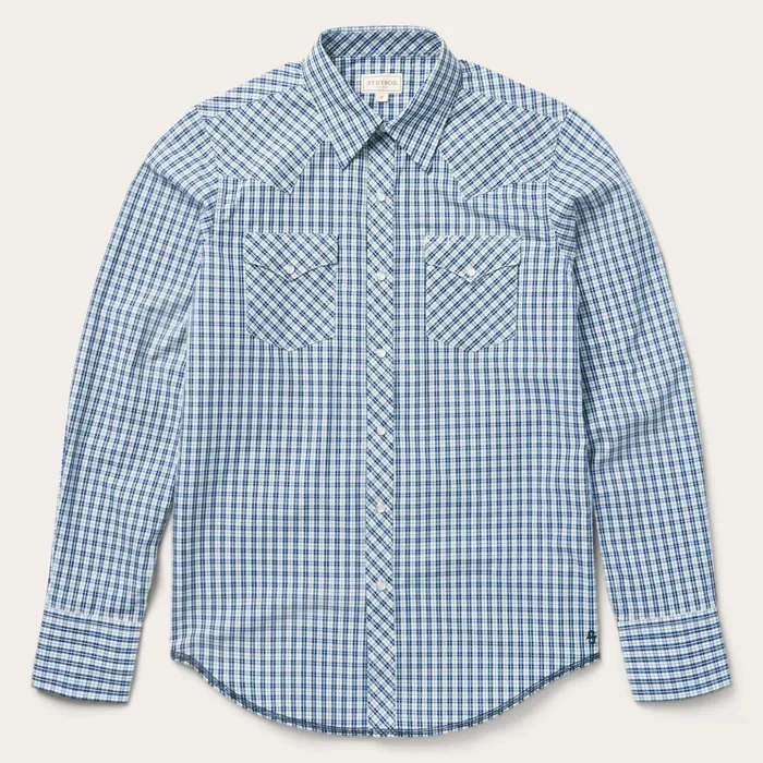 Western Shirts Men Stetson Modern Snap Front Shirt In Mini Check Blue