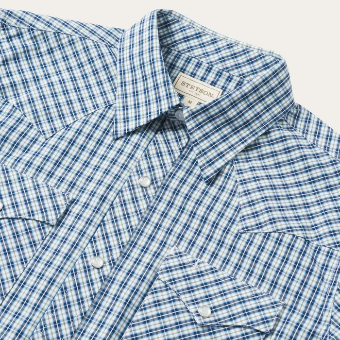 Western Shirts Men Stetson Modern Snap Front Shirt In Mini Check Blue