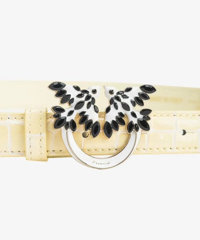 Women Belts Pinko PINKO Galleria Thin 2cm Shiny Crocprint Belt With Love Birds Buckle Haylightgold