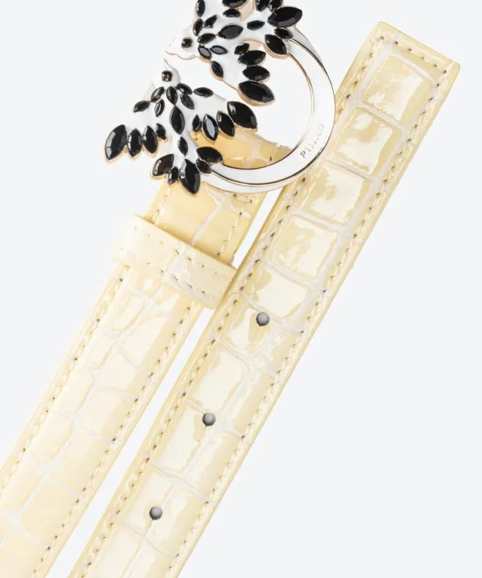 Women Belts Pinko PINKO Galleria Thin 2cm Shiny Crocprint Belt With Love Birds Buckle Haylightgold