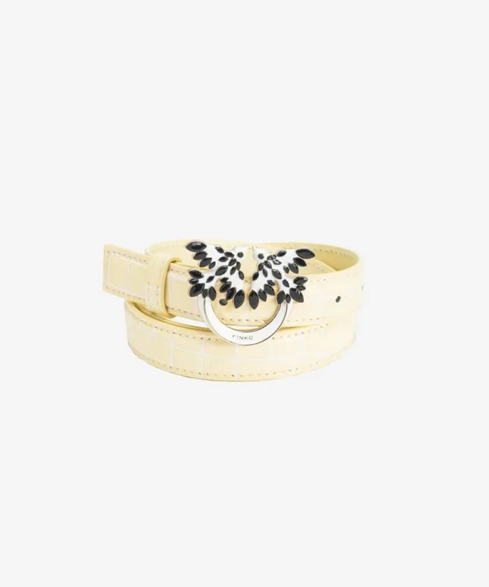 Women Belts Pinko PINKO Galleria Thin 2cm Shiny Crocprint Belt With Love Birds Buckle Haylightgold